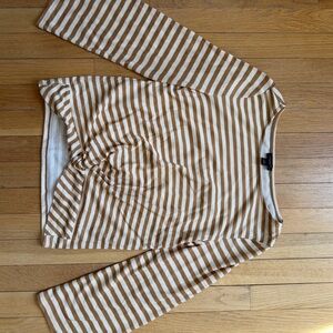 Ann Taylor White and Brown Striped Long-Sleeve Knot Front Top